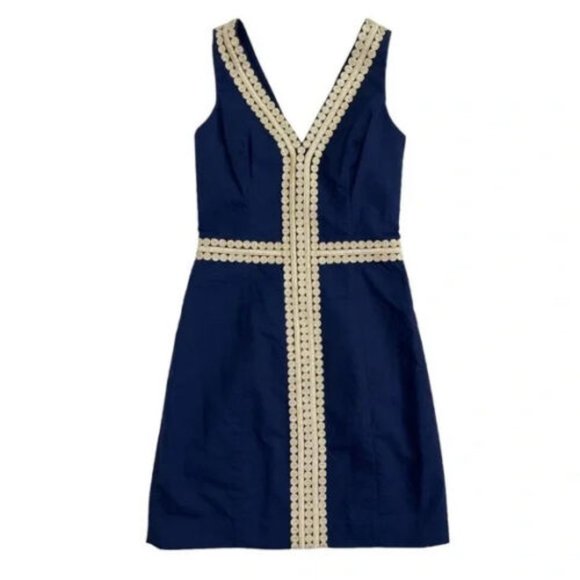 Lilly Pulitzer Bentley V-neck Shift Dress Navy Blue with Gold Embroidery.  SZ 2 - Picture 4 of 5